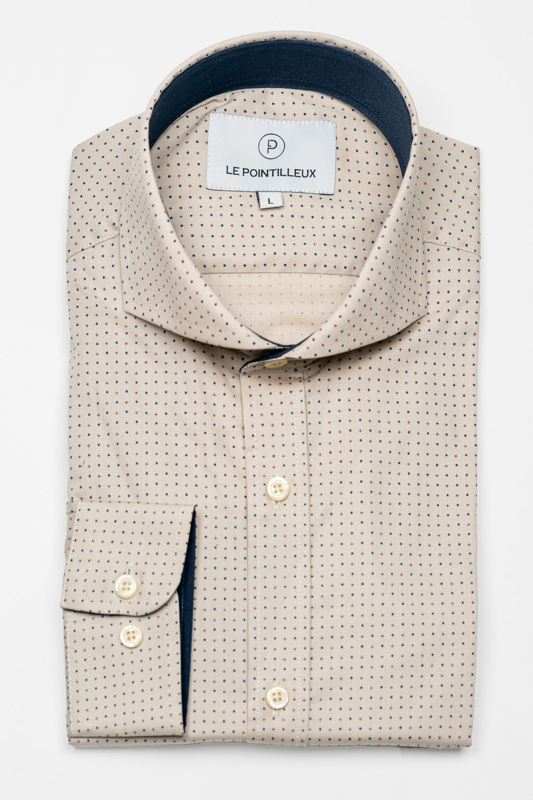 NAVY DOT BEIGE POPLIN